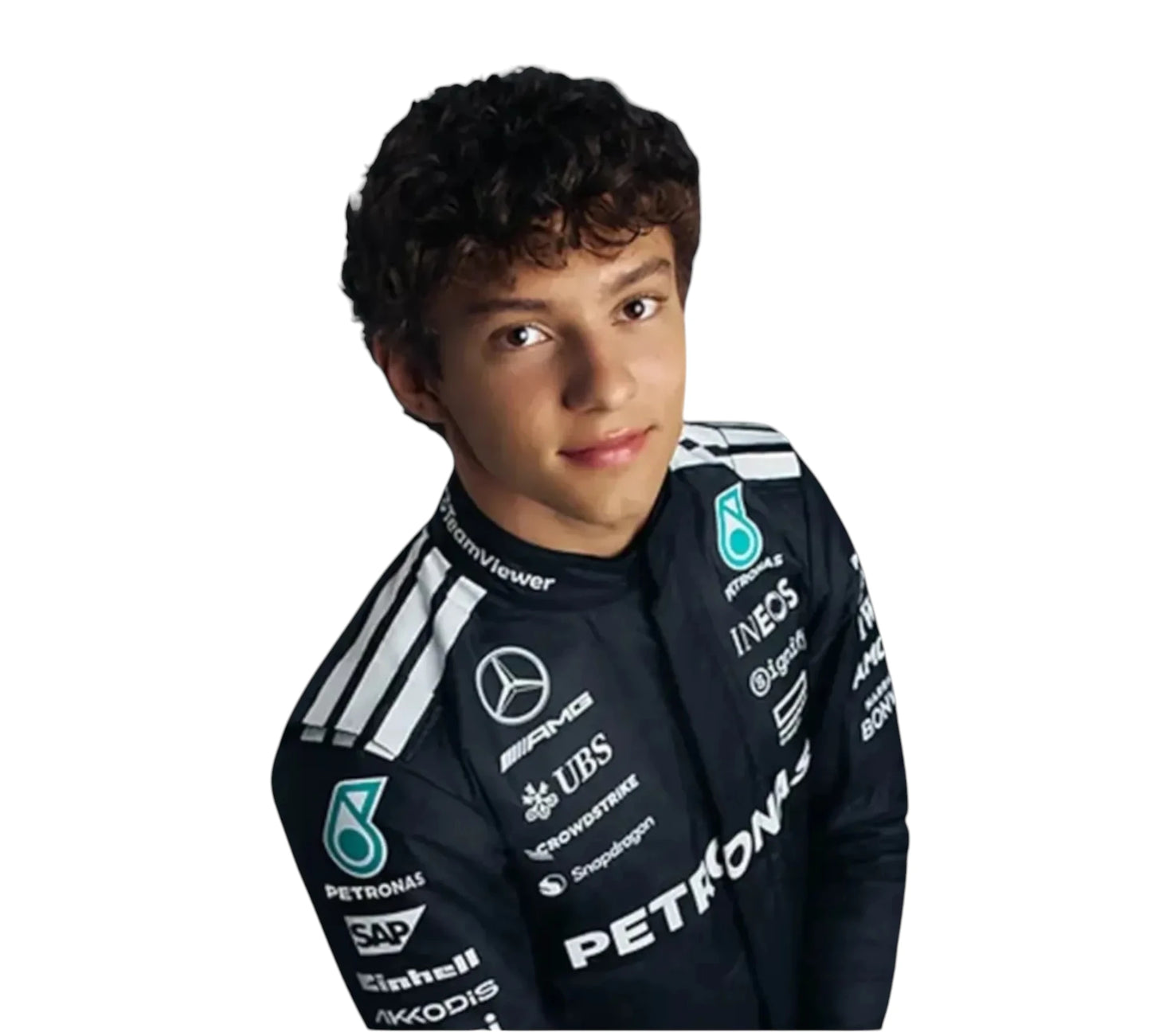 Person wearing a dark racing suit with various sponsor logos on a white background