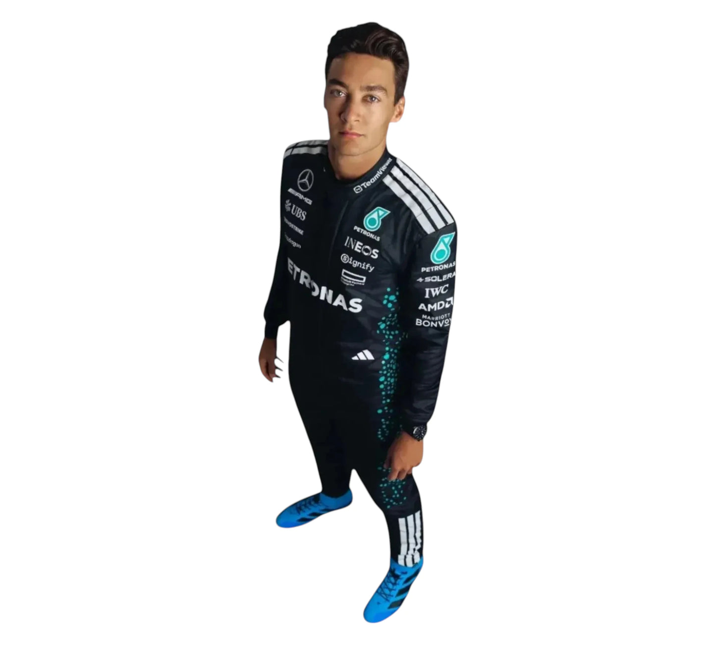 Person wearing a black racing suit with various sponsor logos on a white background