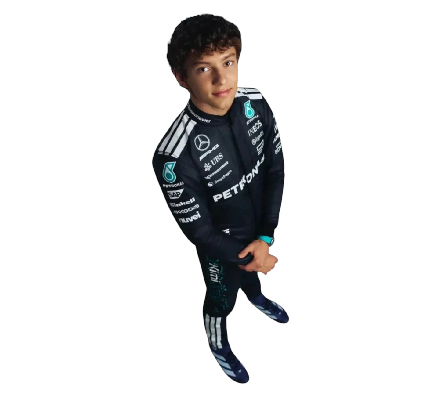 Child wearing a black racing suit with sponsor logos on a white background