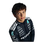 Person wearing a dark racing suit with various sponsor logos on a white background
