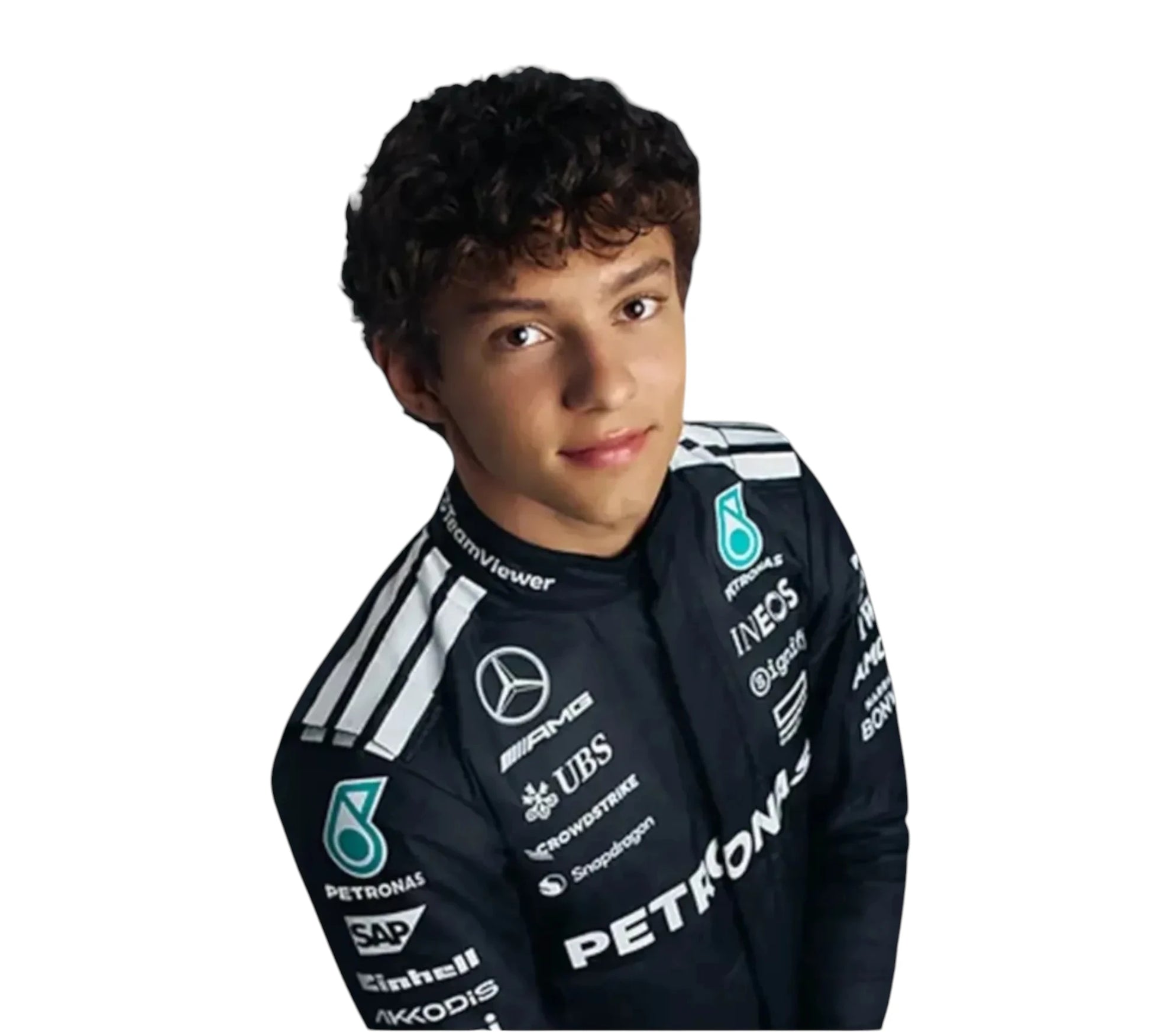 Person wearing a dark racing suit with various sponsor logos on a white background