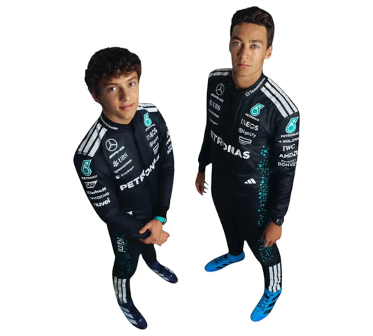 Two children wearing Formula 1-themed racing suits with visible branding on a white background.