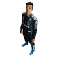 Person wearing a black racing suit with various sponsor logos on a white background