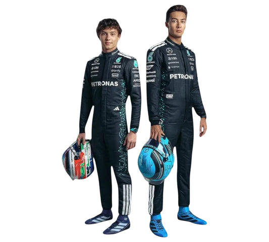 Two individuals in racing suits with Petronas and Adidas logos on a white background